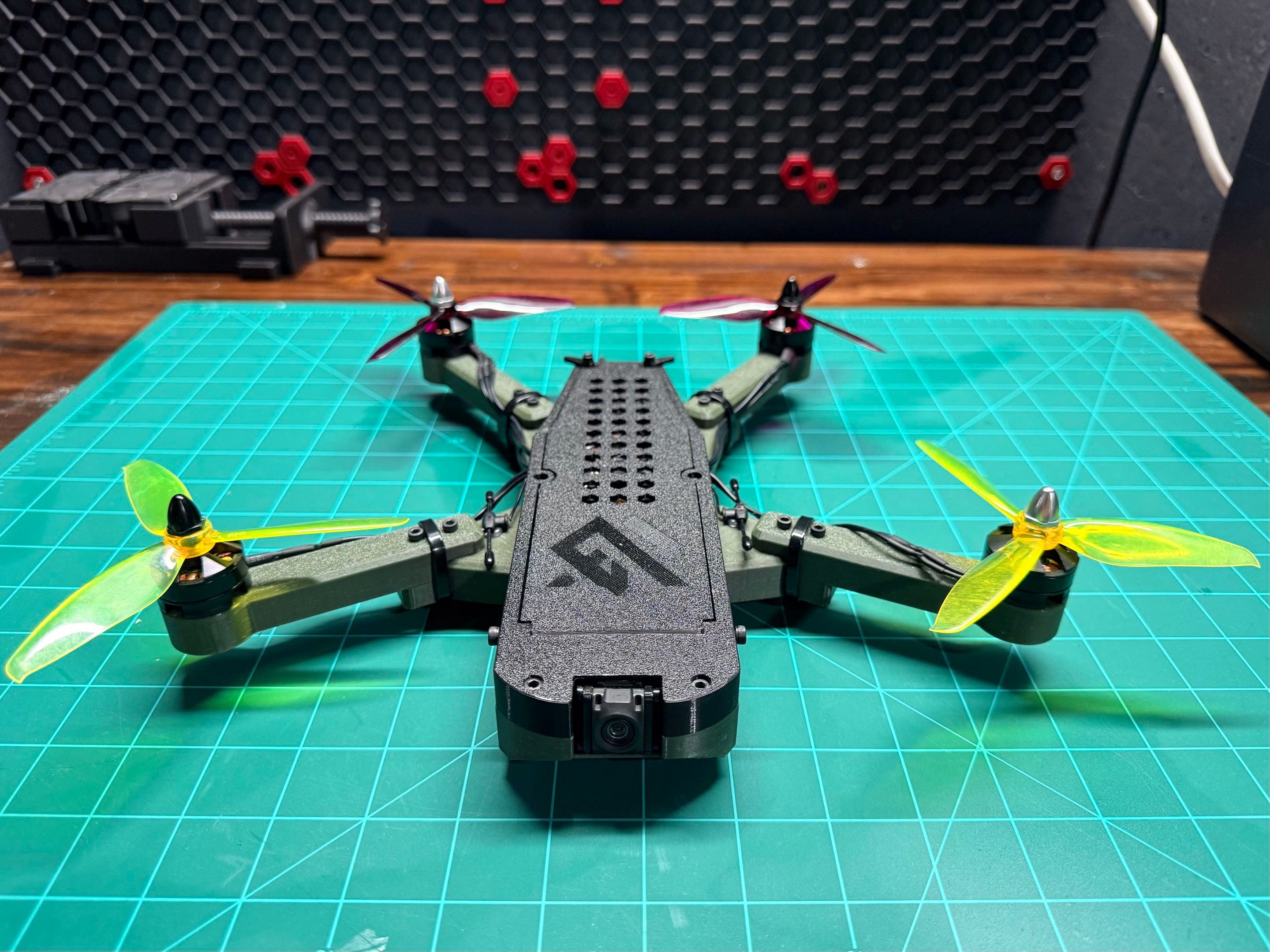 ADAMAAS Nomad front view with vented top plate and FPV camera